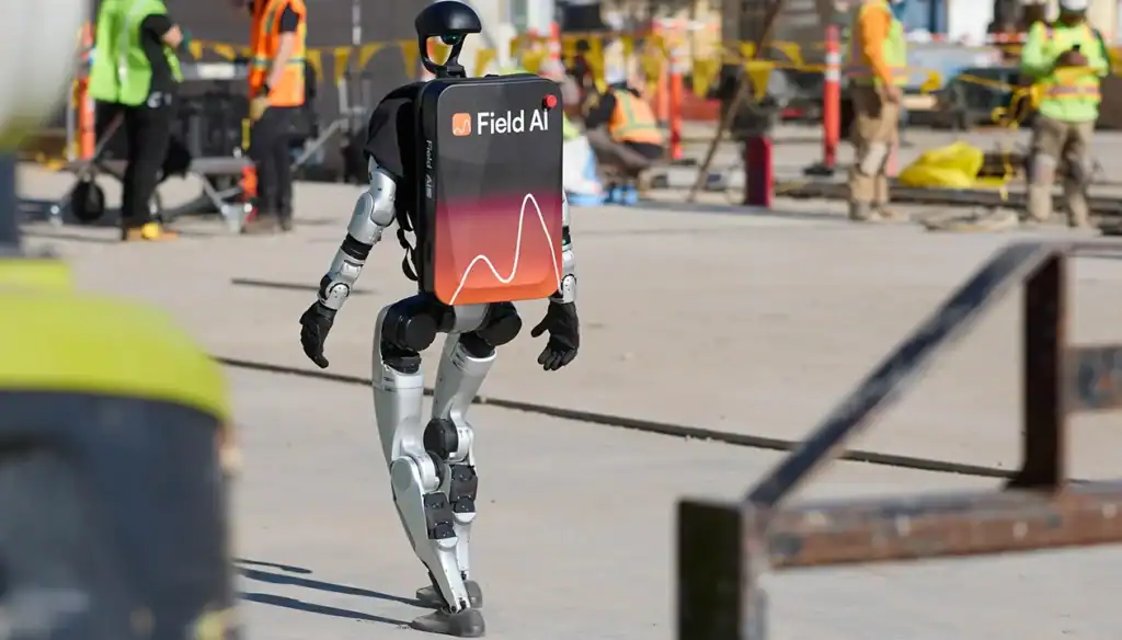 Humanoid robot with universal robot brain system in industrial warehouse