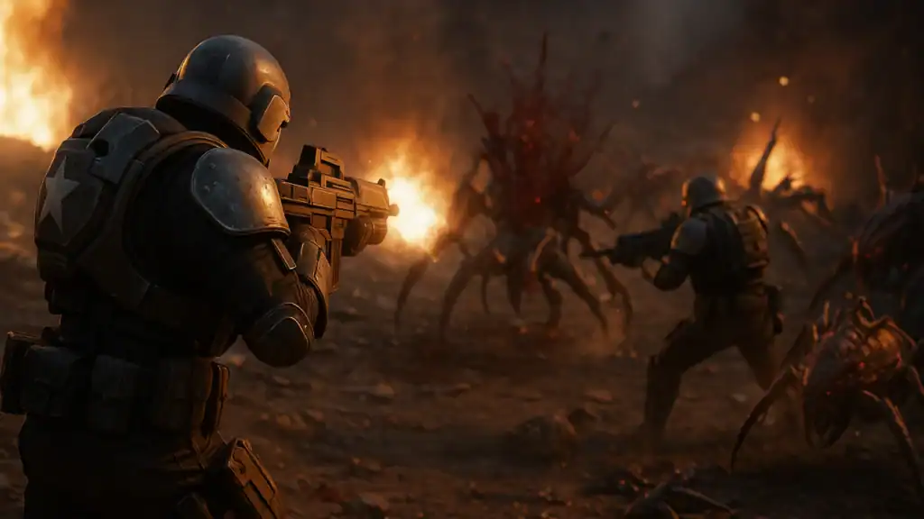 Helldivers 2 Xbox release soldiers battling alien enemies in cinematic battlefield scene