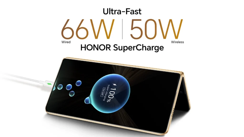 Honor Magic V5 66W fast charging with 5,820mAh battery and AI-powered energy management