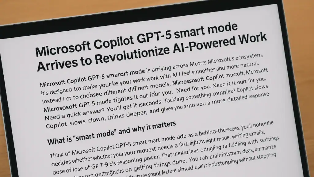 Screenshot of Microsoft Copilot GPT-5 smart mode article explaining new AI features