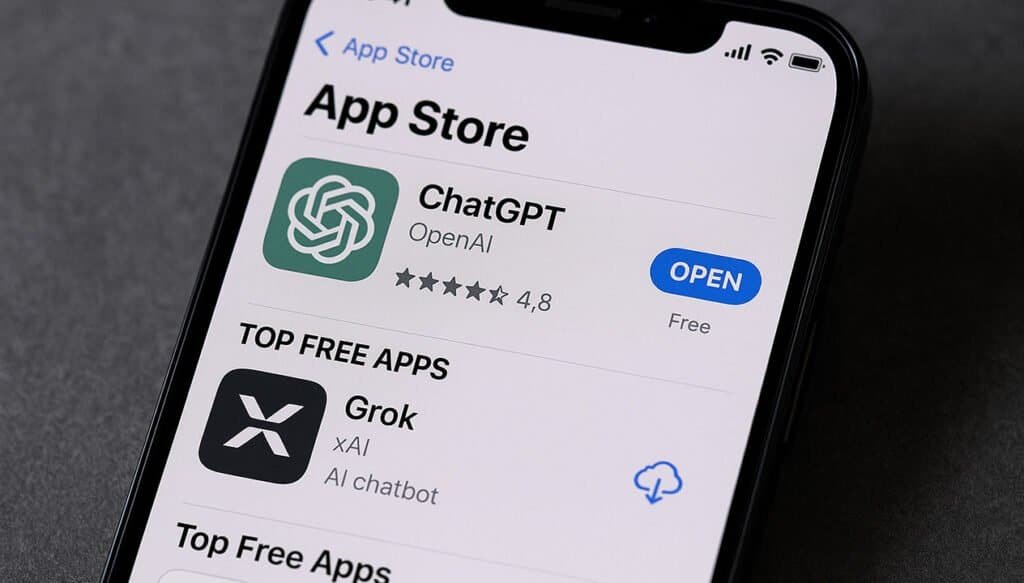 App Store bias showing ChatGPT promoted over Grok, illustrating Grok sidelined in Apple OpenAI suit and xAI lawsuit antitrust AI case