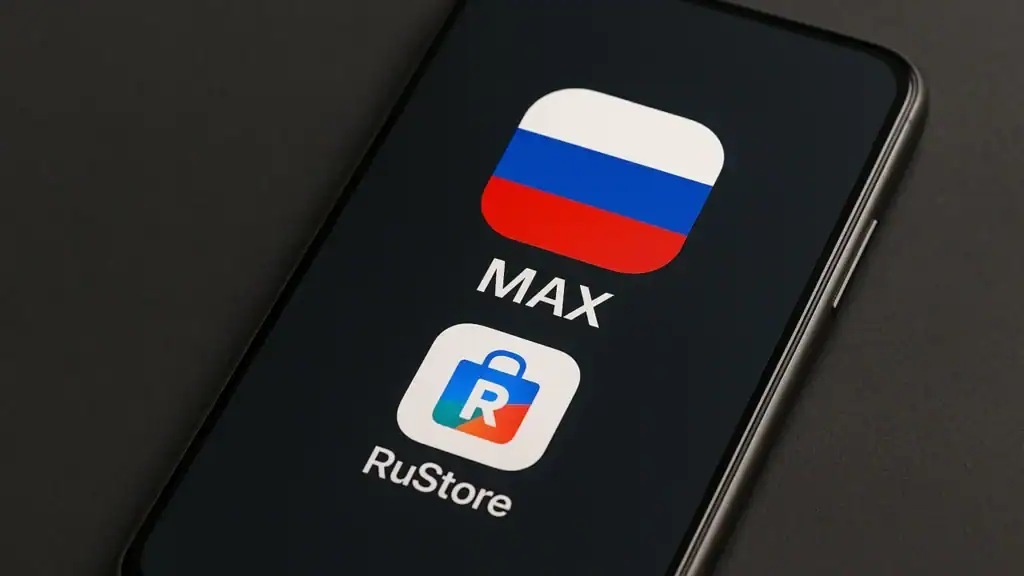 Smartphone screen showing Russia messenger app icon with Russian flag, Kremlin silhouette in background, symbolizing state control and digital freedom debate