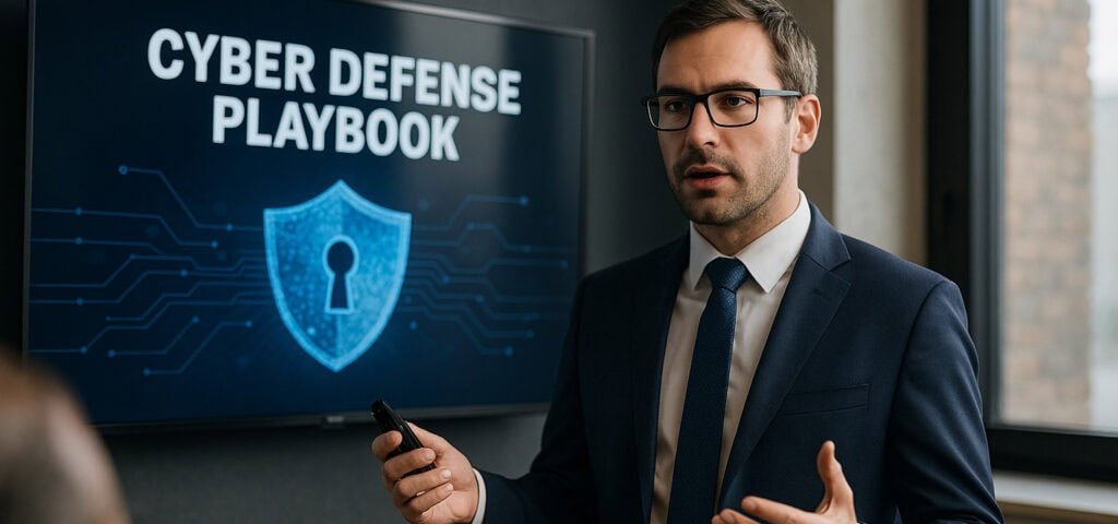 Cybersecurity strategist presenting a cyber defense playbook during a business meeting