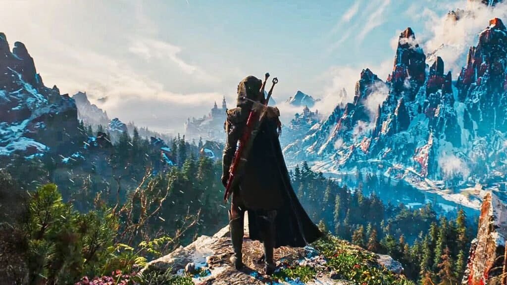 Witcher 4 concept art with dramatic fantasy lighting, Ciri silhouetted on a ridge