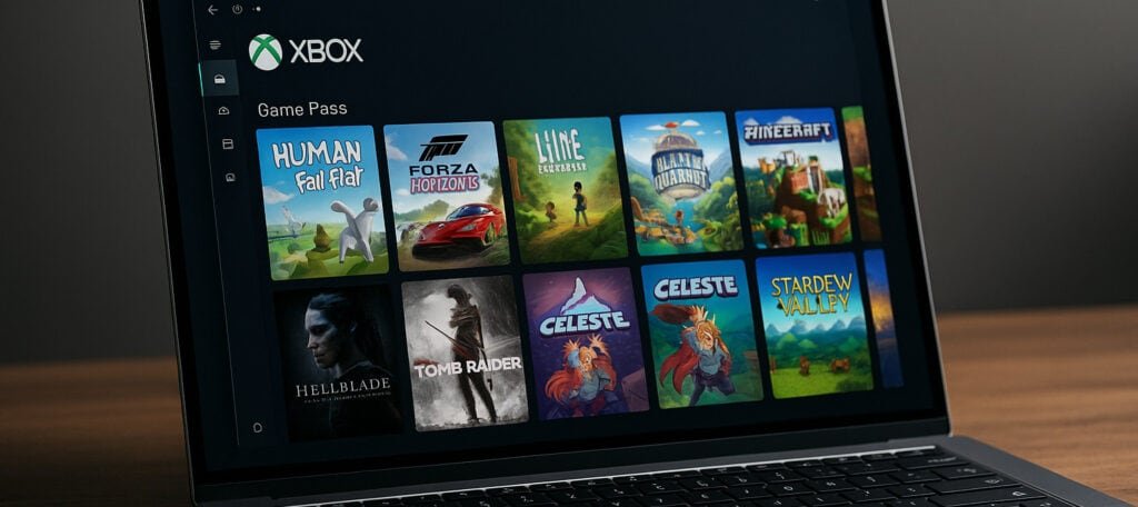 Xbox app native ARM support on Windows 11 with Game Pass interface on screen and controller in front