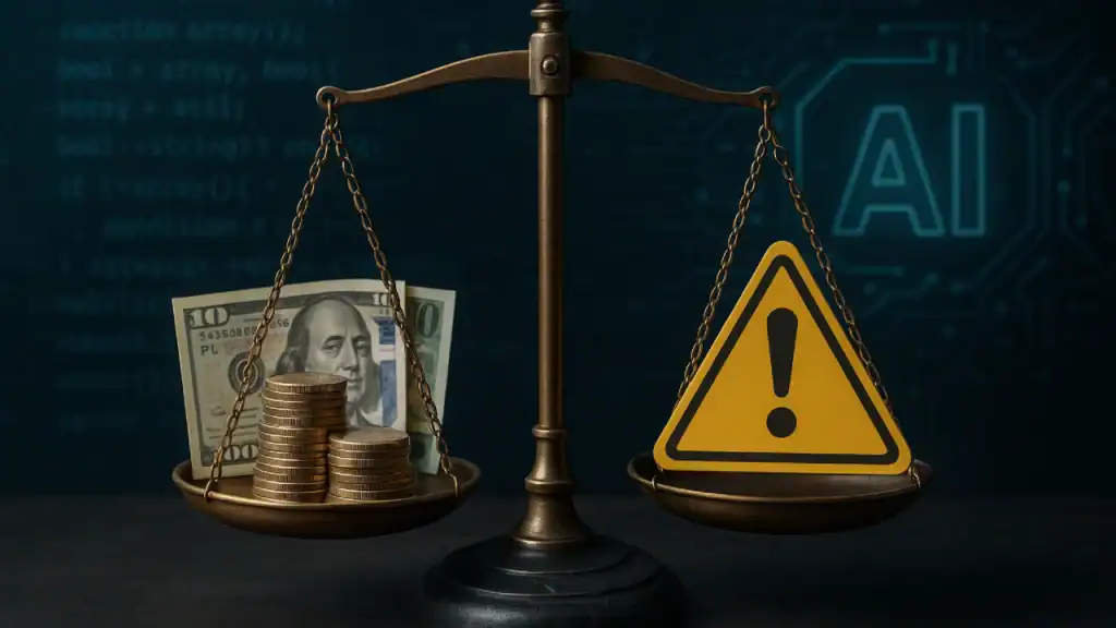 AI investment hype illustration – futuristic city with stock market symbols, dollar signs and risk warning