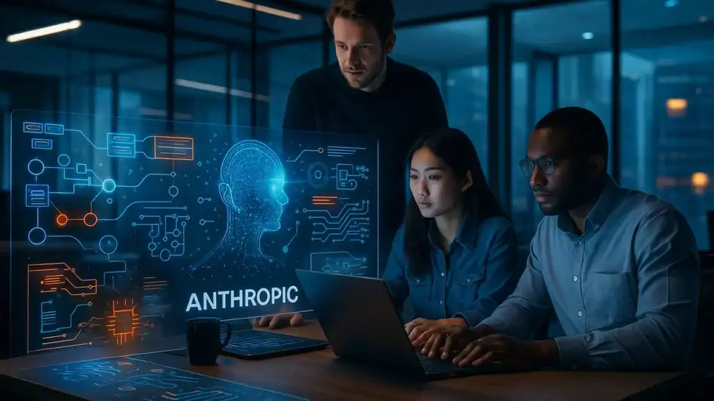 Team working on Anthropic project with holographic AI display – AI startup companies