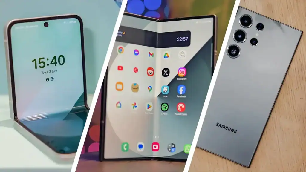 Samsung Galaxy Z Flip, Z Fold, and Galaxy S25 Ultra smartphones showcasing Samsung One UI 8 update
