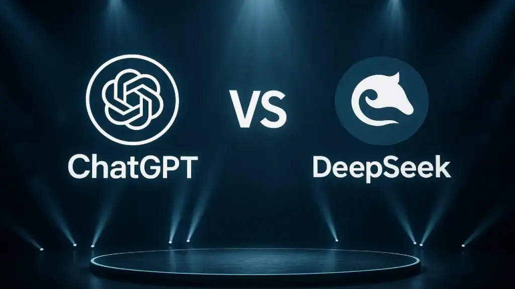 ChatGPT vs DeepSeek AI comparison illustration – futuristic tech showdown with logos facing each other