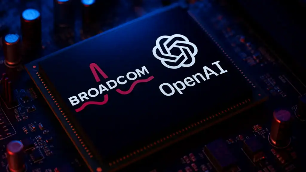 OpenAI Broadcom custom AI chip partnership illustration with advanced silicon circuits