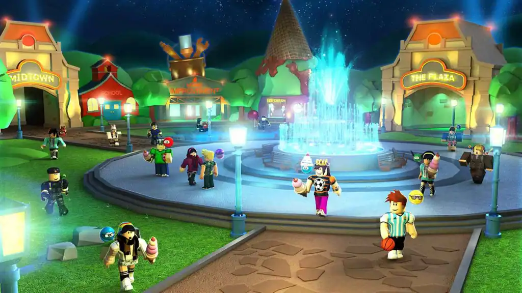 Roblox virtual plaza with fountain and players exploring at night
