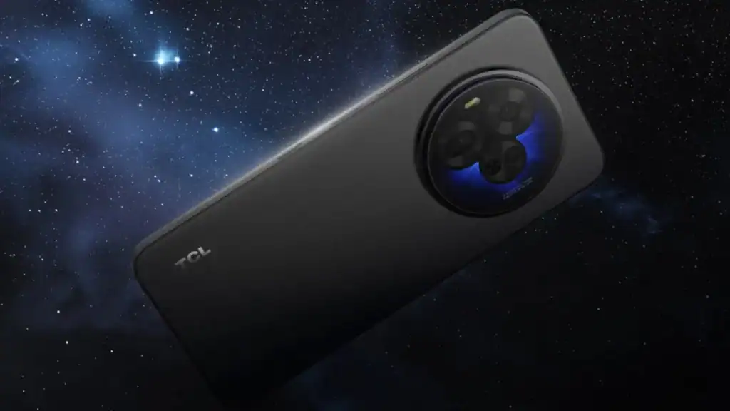 TCL NXTPAPER 60 Ultra smartphone rear view with triple camera design against starry background