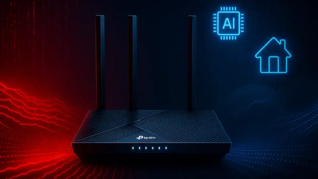 TP-Link Archer Wi-Fi 6 router standing like a frontline defender against red digital attack waves, with glowing icons of cloud gaming, AI chip, and smart home in the background