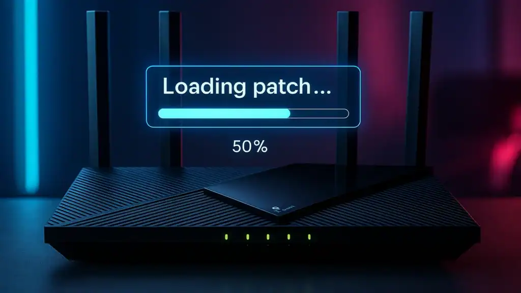 TP-Link Archer Wi-Fi 6 router with glowing digital progress bar showing 'Loading patch...' in neon gaming light background